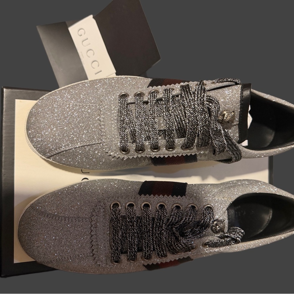 Gucci Silver Glitter Sneakers with Red and Blue Stripes - Picture 6 of 8